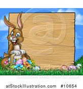 Vector Illustration of a Cartoon Happy Brown Easter Bunny Rabbit Holding a Basket in Front a Wood Sign Against Sky by AtStockIllustration