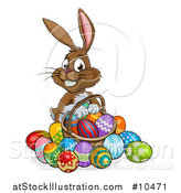 Vector Illustration of a Cartoon Happy Brown Easter Bunny Rabbit with a Basket and Eggs by AtStockIllustration