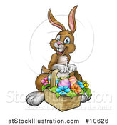 Vector Illustration of a Cartoon Happy Brown Easter Bunny Rabbit with a Basket and Eggs by AtStockIllustration