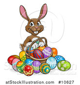 Vector Illustration of a Cartoon Happy Brown Easter Bunny Rabbit with a Basket and Eggs by AtStockIllustration