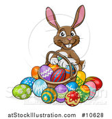 Vector Illustration of a Cartoon Happy Brown Easter Bunny Rabbit with a Basket and Eggs by AtStockIllustration