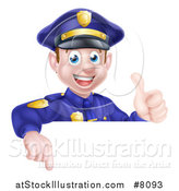 Vector Illustration of a Cartoon Happy Caucasian Male Police Officer Giving a Thumb up and Pointing down over a Sign by AtStockIllustration