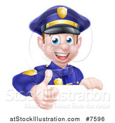 Vector Illustration of a Cartoon Happy Caucasian Male Police Officer Giving a Thumb up over a Sign by AtStockIllustration