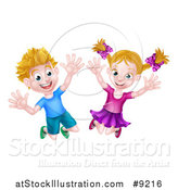 Vector Illustration of a Cartoon Happy Excited Blond Caucasian Boy and Girl Jumping by AtStockIllustration