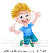 Vector Illustration of a Cartoon Happy Excited Blond Caucasian Boy Jumping and Giving Two Thumbs up by AtStockIllustration