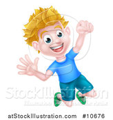 Vector Illustration of a Cartoon Happy Excited Blond Caucasian Boy Jumping by AtStockIllustration