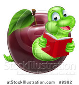 Vector Illustration of a Cartoon Happy Green Book Worm Reading and Emerging from a Red Apple by AtStockIllustration