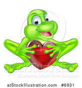 Vector Illustration of a Cartoon Happy Green Frog Crouching and Holding a Glassy Red Heart by AtStockIllustration