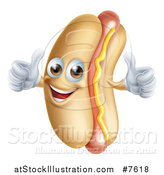 Vector Illustration of a Cartoon Happy Hot Dog Mascot with a Strip of Mustard, Giving Two Thumbs Up, Facing Left by AtStockIllustration