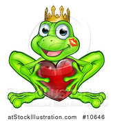 Vector Illustration of a Cartoon Happy Smiling Green Frog with a Liptstick Kiss on His Cheek, Holding a Red Heart by AtStockIllustration