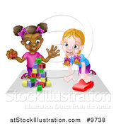 Vector Illustration of a Cartoon Happy White and Black Girls Sitting on the Floor, Painting and Playing with Blocks by AtStockIllustration