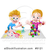 Vector Illustration of a Cartoon Happy White Boy Kneeling and Painting Artwork and Girl Playing with Toy Blocks by AtStockIllustration