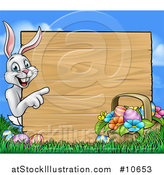 Vector Illustration of a Cartoon Happy White Easter Bunny Rabbit Pointing Around a Wood Sign with a Basket and Eggs Against Sky by AtStockIllustration