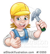 Vector Illustration of a Cartoon Happy White Female Carpenter Holding up a Hammer and Giving a Thumb up by AtStockIllustration