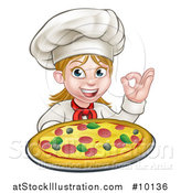 Vector Illustration of a Cartoon Happy White Female Chef Gesturing Perfect and Holding up a Pizza by AtStockIllustration