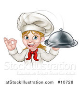 Vector Illustration of a Cartoon Happy White Female Chef Holding a Cloche Platter and Gesturing Ok by AtStockIllustration