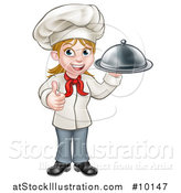 Vector Illustration of a Cartoon Happy White Female Chef Holding a Cloche Platter and Giving a Thumb up by AtStockIllustration