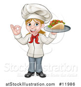 Vector Illustration of a Cartoon Happy White Female Chef Holding a Kebab on a Tray and Gesturing Perfect by AtStockIllustration
