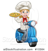 Vector Illustration of a Cartoon Happy White Female Chef Holding a Pizza on a Scooter by AtStockIllustration