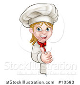Vector Illustration of a Cartoon Happy White Female Chef Holding a Thumb up Around a Sign by AtStockIllustration