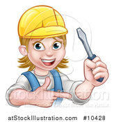 Vector Illustration of a Cartoon Happy White Female Electrician Wearing a Hardhat, Holding up a Screwdriver and Pointing by AtStockIllustration