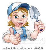 Vector Illustration of a Cartoon Happy White Female Gardener in Blue, Holding a Garden Trowel and Giving a Thumb up by AtStockIllustration