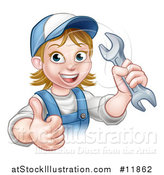 Vector Illustration of a Cartoon Happy White Female Mechanic Holding up a Wrench and Thumb by AtStockIllustration