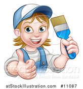 Vector Illustration of a Cartoon Happy White Female Painter in a Baseball Cap, Holding up a Thumb and Brush by AtStockIllustration