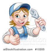 Vector Illustration of a Cartoon Happy White Female Plumber Holding an Adjustable Wrench and Giving a Thumb up by AtStockIllustration