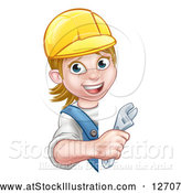 Vector Illustration of a Cartoon Happy White Female Plumber Holding an Adjustable Wrench Around a Sign by AtStockIllustration