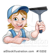 Vector Illustration of a Cartoon Happy White Female Window Cleaner in Blue, Pointing and Holding a Squeegee by AtStockIllustration