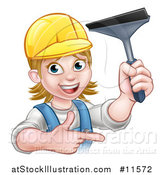 Vector Illustration of a Cartoon Happy White Female Window Cleaner in Blue, Pointing and Holding a Squeegee by AtStockIllustration