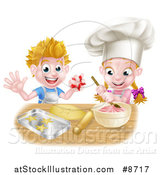 Vector Illustration of a Cartoon Happy White Girl and Boy Making Pink Frosting and Star Shaped Cookies by AtStockIllustration