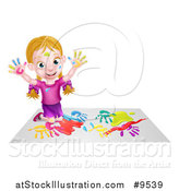 Vector Illustration of a Cartoon Happy White Girl Kneeling on Paper and and Painting by AtStockIllustration