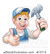 Vector Illustration of a Cartoon Happy White Male Carpenter Holding a Hammer and Giving a Thumb up by AtStockIllustration