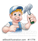 Vector Illustration of a Cartoon Happy White Male Carpenter Holding a Hammer and Pointing by AtStockIllustration