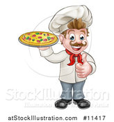 Vector Illustration of a Cartoon Happy White Male Chef Holding a Pizza and Giving a Thumb up by AtStockIllustration