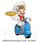 Vector Illustration of a Cartoon Happy White Male Chef Holding a Pizza on a Scooter by AtStockIllustration