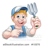 Vector Illustration of a Cartoon Happy White Male Gardener in Blue, Holding a Garden Fork and Pointing by AtStockIllustration