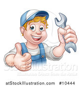 Vector Illustration of a Cartoon Happy White Male Mechanic Holding a Spanner Wrench and Giving a Thumb up by AtStockIllustration
