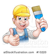 Vector Illustration of a Cartoon Happy White Male Painter Holding up a Brush and Giving a Thumb up by AtStockIllustration