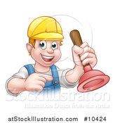 Vector Illustration of a Cartoon Happy White Male Plumber Holding a Plunger and Pointing by AtStockIllustration