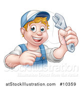Vector Illustration of a Cartoon Happy White Male Plumber Holding an Adjustable Wrench and Pointing by AtStockIllustration