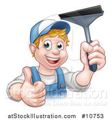 Vector Illustration of a Cartoon Happy White Male Window Cleaner in Blue, Giving a Thumb up and Holding a Squeegee by AtStockIllustration