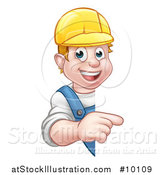 Vector Illustration of a Cartoon Happy White Male Worker Pointing Around a Sign by AtStockIllustration