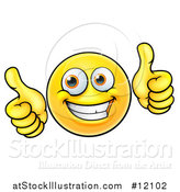 Vector Illustration of a Cartoon Happy Yellow Emoji Smiley Face Emoticon Holding Two Thumbs up by AtStockIllustration