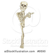 Vector Illustration of a Cartoon Human Skeleton Pointing Around a Sign by AtStockIllustration