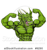 Vector Illustration of a Cartoon Roaring Green Muscular Dragon Man Flexing, from the Waist up by AtStockIllustration