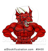 Vector Illustration of a Cartoon Roaring Red Muscular Dragon Man Flexing, from the Waist up by AtStockIllustration
