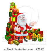 Vector Illustration of a Cartoon Santa Claus Presenting and Giving a Thumb up by Stacked Christmas Gifts 2 by AtStockIllustration